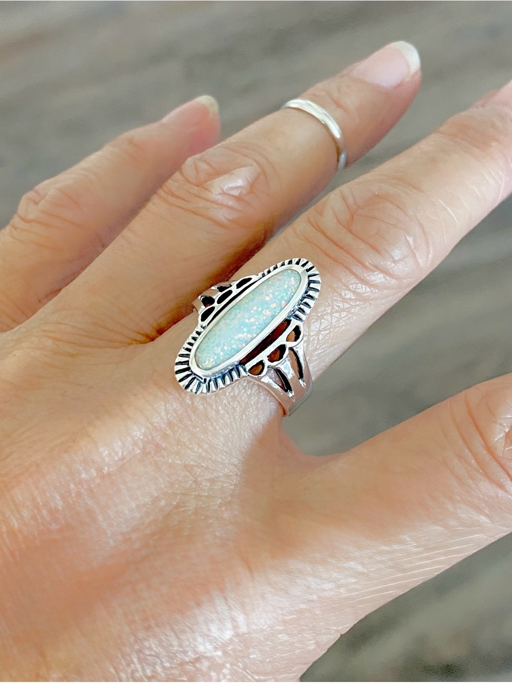 😍TOP SELLER😍 925 Silver Etched White Lab Opal Ring, Statement Boho Silver Rings - Picture 6 of 11